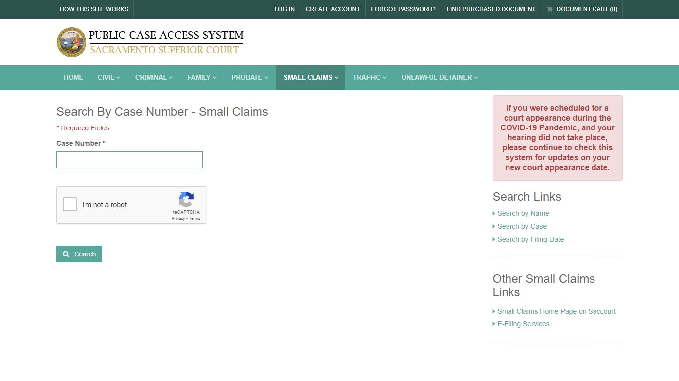 Search By Case Number - Small Claims - California